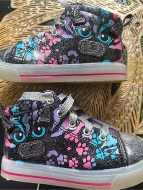 Kids Black Glitter High-Top Sneakers with Pink & Blue Accents